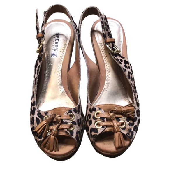 Sperry Womens Top Sider Southampton Leopard Print Cork Wedges Size 7 - Picture 2 of 7